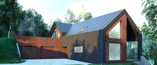 projekt nowoczesnej stodoły w Gdańsku - harmonijne połączenie czarnej deski, cortenu i panoramicznych okien.